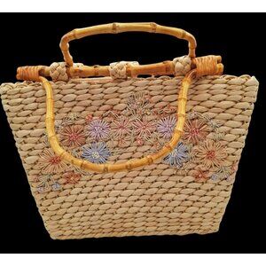 Vintage 1960s Capelli Beach Tote Straw Embroidered Applique Handmade Flowers